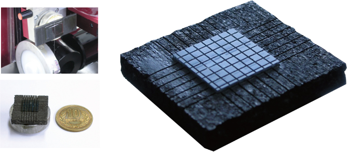 DWS3400横型ダイヤモンドワイヤーソーを使用した石英ナノインプリントの格子状切断画像