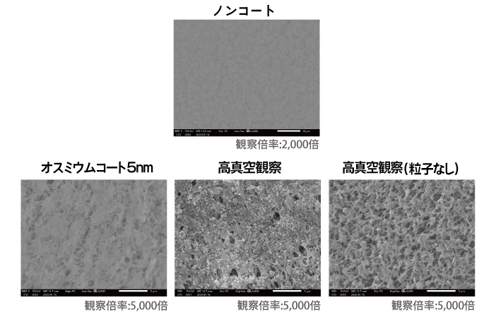 0.22μmミリポアフィルターのオスミウムコートの電子顕微鏡観察比較