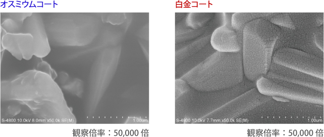 HB管(SiO2 Al2O3)のオスミウムコートと白金コートの電子顕微鏡観察比較