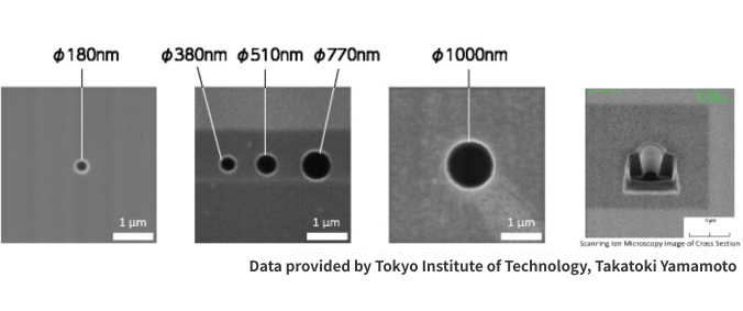 SIM images of nanopores drilled in a 4 μm thick glass substrate using FIB